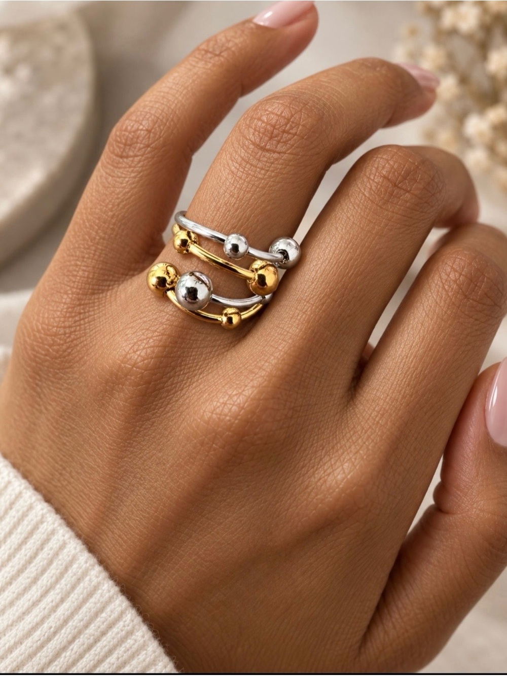 Stackable Mixed Metal Ball Accent Rings-316L Stainlees St, 18K Gold Plated